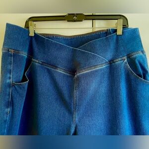 Stretch Flare Blue Jean Leggings with Cross over Waist